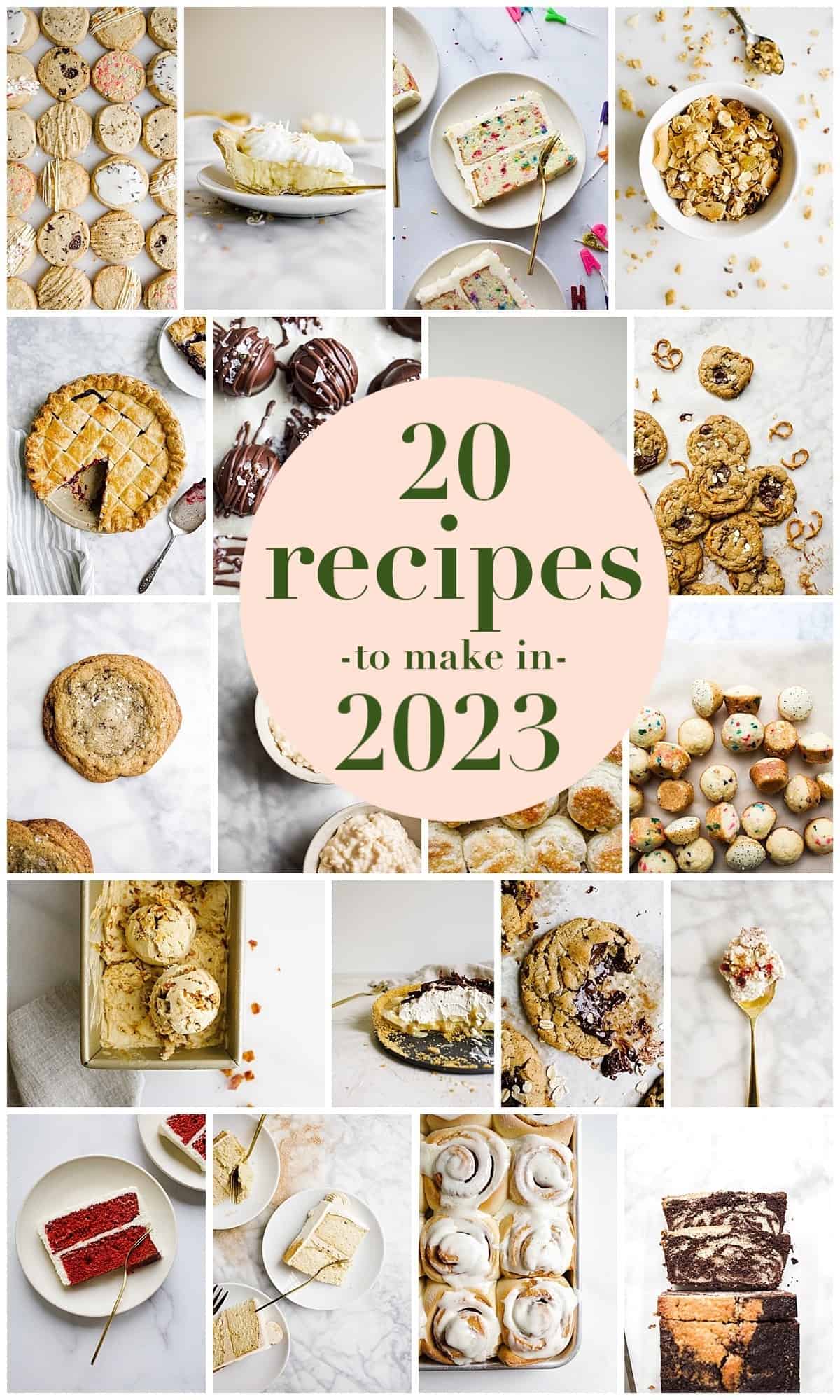 20 Recipes to Bake in 2023 from Wood and Spoon blog. These are 20 of the best baked treats, sweets, and desserts with everything from chocolate chip cookies, layer cakes, pound cake loaves, ice cream, pies, and more. Learn how to make easy simple baking as a new year's resolution on thewoodandspoon.com.