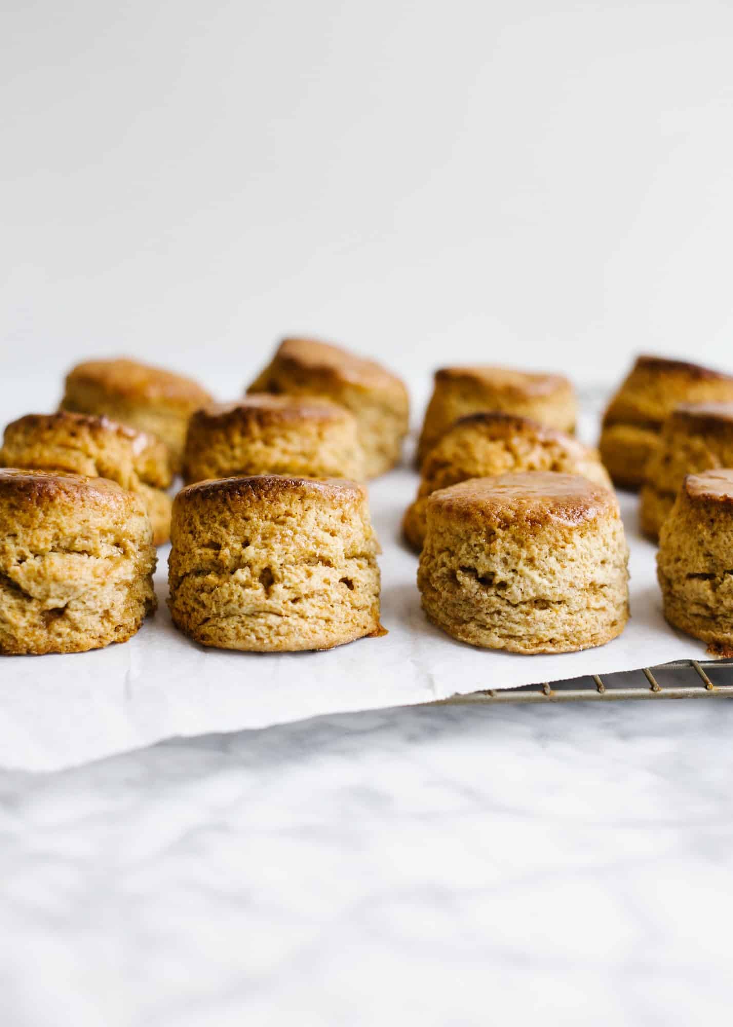 Honey Spelt Biscuits by Wood and Spoon. These are spelt flour layer biscuits made with real butter, naturally sweetened with honey, and made in small, two bite sized flaky rounds. The recipe is small batch and made just over a dozen small biscuits and is perfect size to feed a family at a single meal. Learn how to make these healthy biscuits, and how to freeze biscuits on thewoodandspoon.com