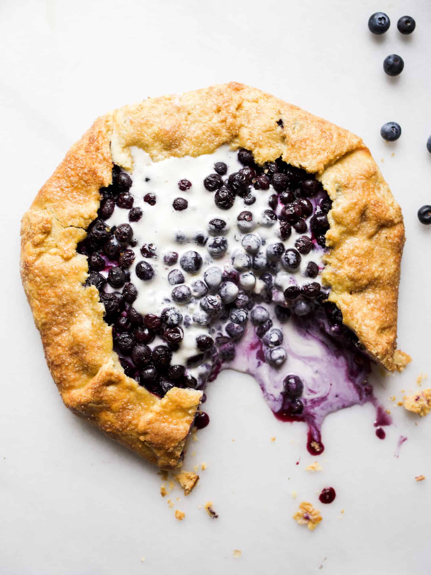 Blueberry Galette with a Cornmeal Crust Recipe by The Wood and Spoon Blog By Kate Wood. This is a simple, fast and easy recipe. Ripe, summer produce like blueberries and lemon are thick and juicy in this pie filling. The crust has cornmeal, flour, butter, and shortening, so it is flaky, golden and perfect every time pie crust. Serve on your summer holidays for a casual and rustic dessert. Serve with ice cream or whipped cream. You can substitute other fruit too like strawberries, peaches, or stone fruit in this galette. Find the recipe and more summer recipe inspiration at thewoodandspoon.com .