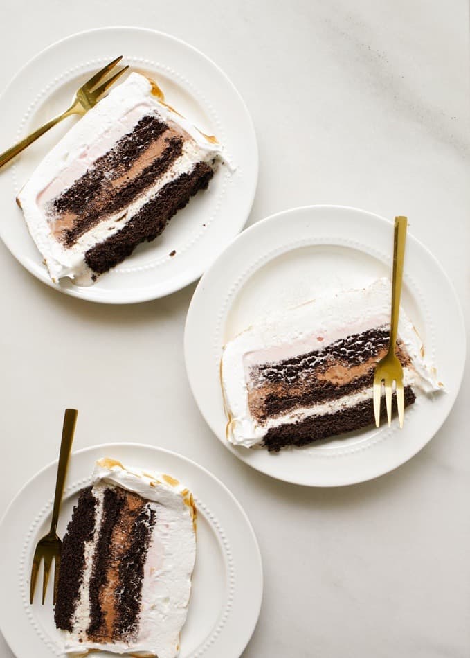 Baked Alaska recipe from the Wood and Spoon. This is a simple dark cocoa chocolate cake layered into a bread pan with store bought ice cream. The layered rectangle cake is frozen and then coated with fluffy French meringue before being toasted. the recipe for this classic vintage dessert comes from Jessie Sheehan new book. Find the recipe and how to for this summer dessert on thewoodandspoon.com