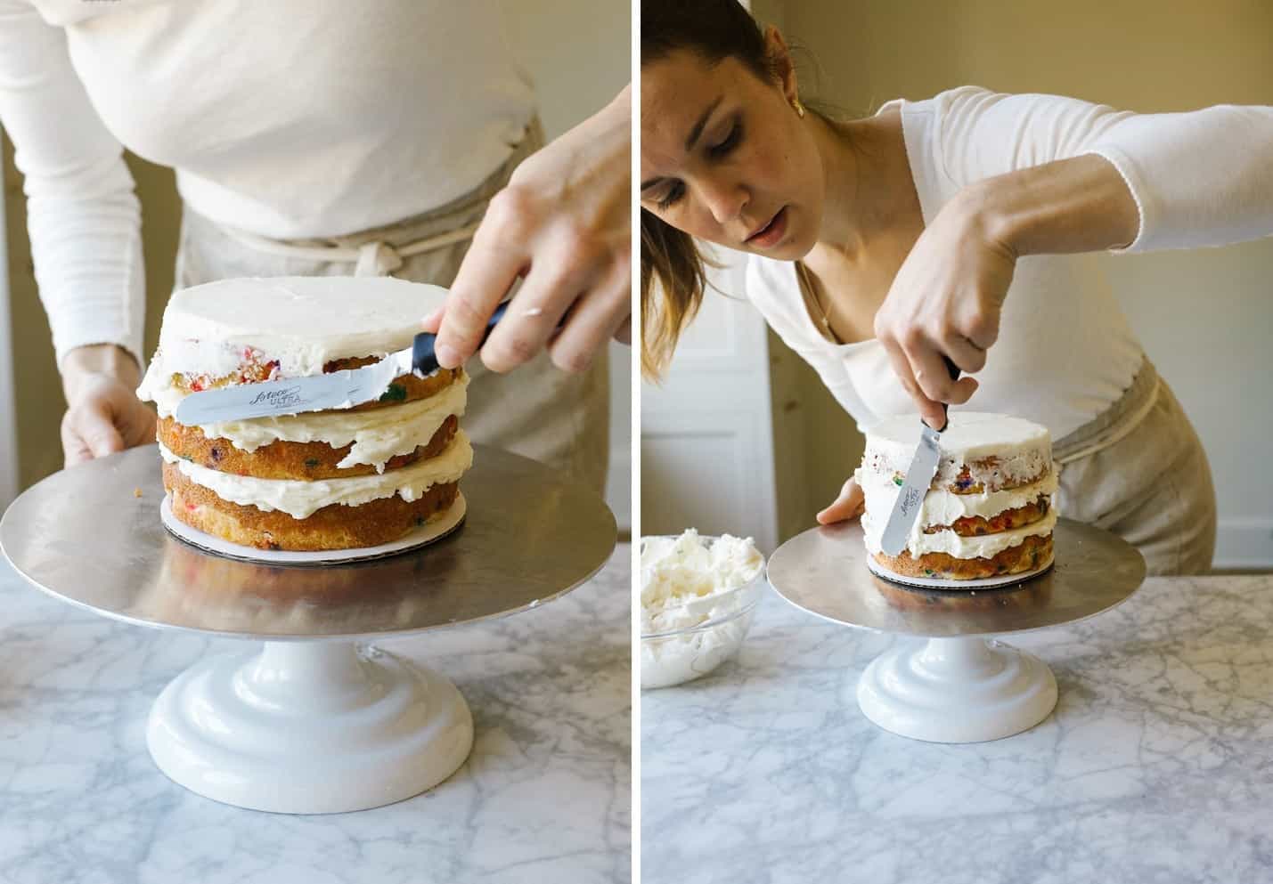 How to Stack a Layer Cake by Wood and Spoon blog. Learn the tips and how to for stacking pretty naked cakes and layer cakes from scratch homemade! Step by step tutorial with photos for learning can decorating for beginners. Learn about leveling cakes, crumb coats, filling a cake, piping borders, and more. On thewoodandspoon.com