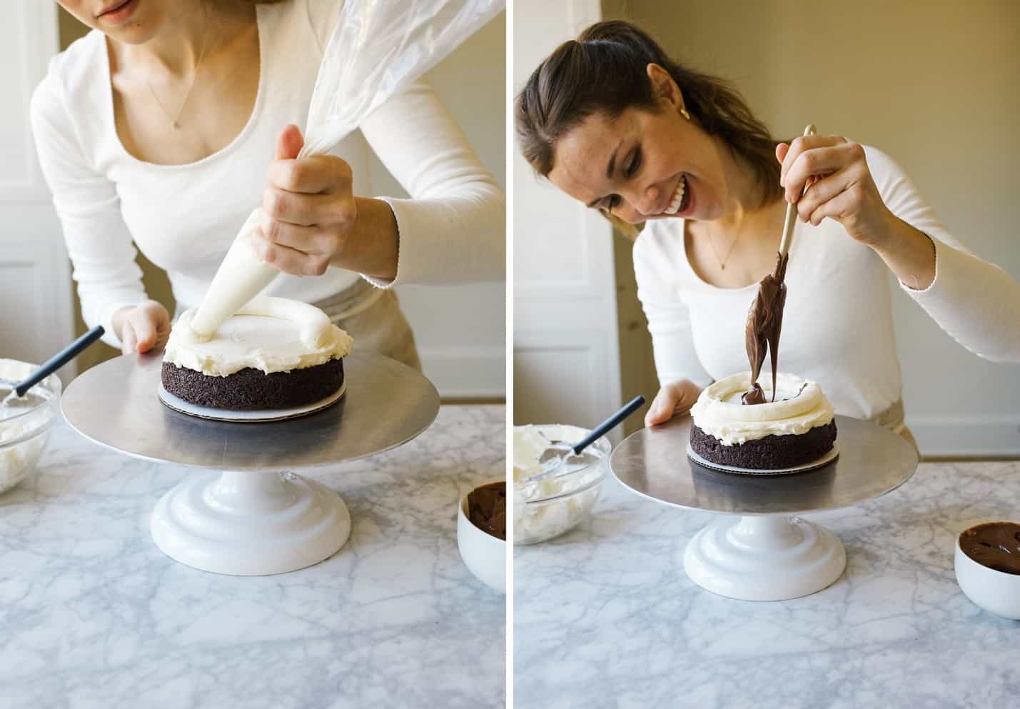 How to Stack a Layer Cake by Wood and Spoon blog. Learn the tips and how to for stacking pretty naked cakes and layer cakes from scratch homemade! Step by step tutorial with photos for learning can decorating for beginners. Learn about leveling cakes, crumb coats, filling a cake, piping borders, and more. On thewoodandspoon.com