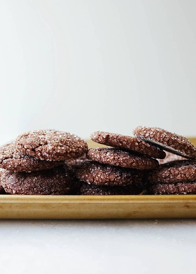 Mocha Cookies by Wood and Spoon Blog by Kate Wood. This is a coffee and chocolate lover's dream dessert! Soft and chewy chocolate crinkle cookies scented with espresso and made a little crunchy from the addition of sprinkling/ sanding sugar. This is a great cookie for cookie exchanges and holiday Christmas parties. Find the recipe and the how to for these baked good treats on thewoodandspoon.com