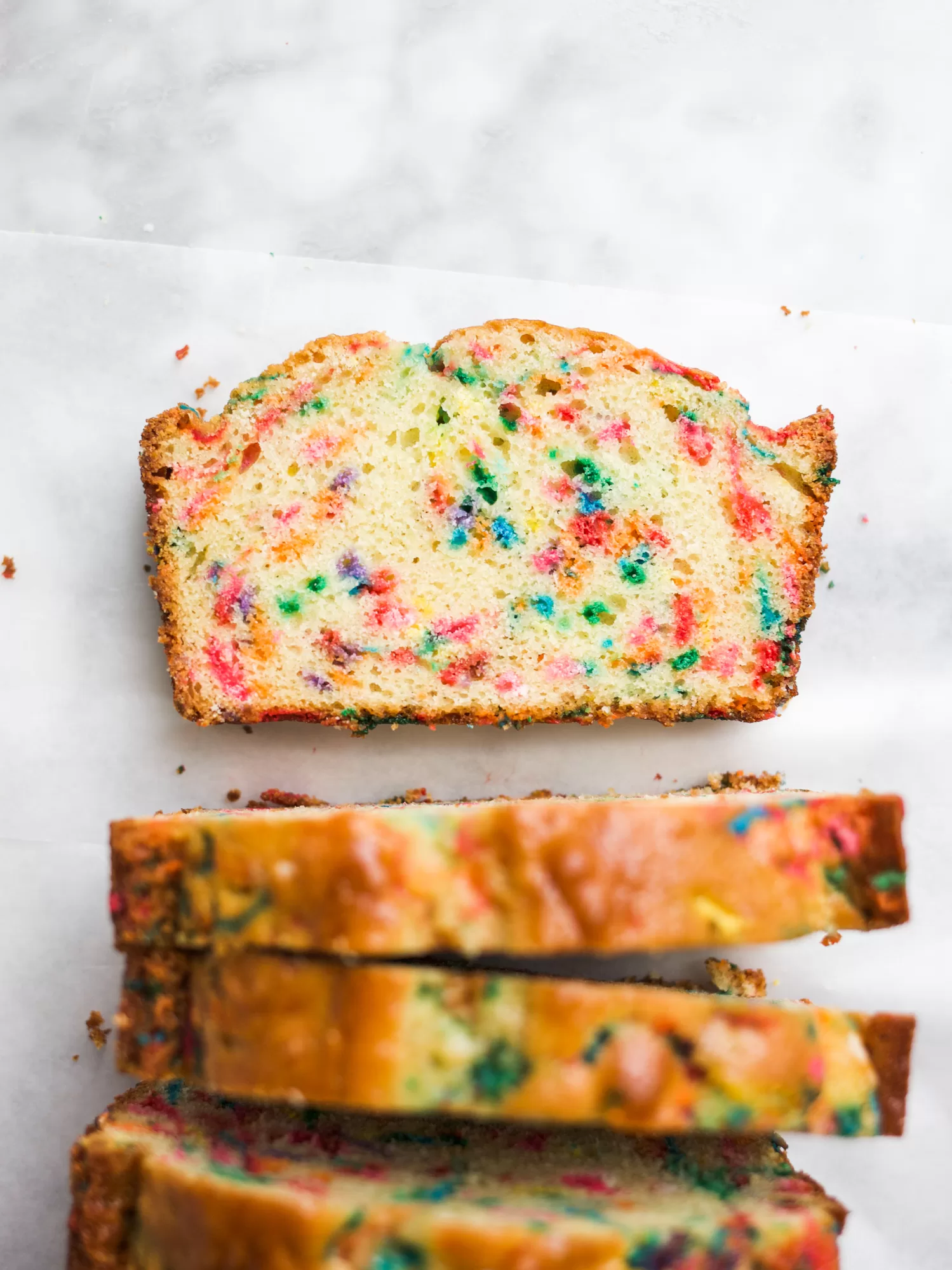 Funfetti Loaf by Wood and Spoon blog. This is a simple sprinkle quick bread made with butter and rainbow sprinkles. The batter comes together quickly to make a baked good that is great as dessert or breakfast. Learn how to make it on thewoodandspoon.com.